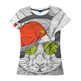 Женская футболка 3D с принтом Стильный Кролик в Екатеринбурге, 100% полиэфир ( синтетическое хлопкоподобное полотно) | прямой крой, круглый вырез горловины, длина до линии бедер | dj | music | rnb | животные | клубная | музыка