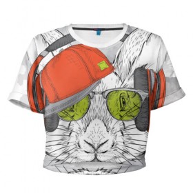 Женская футболка 3D укороченная с принтом Стильный Кролик в Екатеринбурге, 100% полиэстер | круглая горловина, длина футболки до линии талии, рукава с отворотами | dj | music | rnb | животные | клубная | музыка