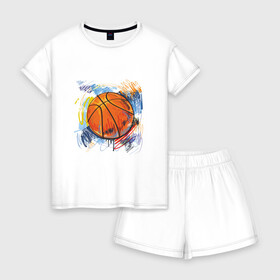 Женская пижама с шортиками хлопок с принтом Баскетбольный мяч в штрихах в Екатеринбурге, 100% хлопок | футболка прямого кроя, шорты свободные с широкой мягкой резинкой | баскетбол | стилизация | штрихи