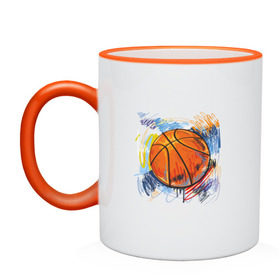Кружка двухцветная с принтом Баскетбольный мяч в штрихах в Екатеринбурге, керамика | объем — 330 мл, диаметр — 80 мм. Цветная ручка и кайма сверху, в некоторых цветах — вся внутренняя часть | баскетбол | стилизация | штрихи