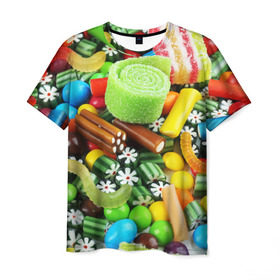Мужская футболка 3D с принтом Сладости в Екатеринбурге, 100% полиэфир | прямой крой, круглый вырез горловины, длина до линии бедер | вкуснотища | вкусняшки | глазурь | жевачка | карамель | карамельки | конфетки | конфеты | леденец | мармеладки | сахар | сладости