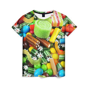Женская футболка 3D с принтом Сладости в Екатеринбурге, 100% полиэфир ( синтетическое хлопкоподобное полотно) | прямой крой, круглый вырез горловины, длина до линии бедер | вкуснотища | вкусняшки | глазурь | жевачка | карамель | карамельки | конфетки | конфеты | леденец | мармеладки | сахар | сладости