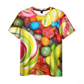 Мужская футболка 3D с принтом Вкусняшки в Екатеринбурге, 100% полиэфир | прямой крой, круглый вырез горловины, длина до линии бедер | вкуснотища | вкусняшки | глазурь | жевачка | карамель | карамельки | конфетки | конфеты | леденец | мармеладки | сахар | сладости