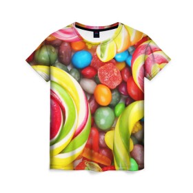Женская футболка 3D с принтом Вкусняшки в Екатеринбурге, 100% полиэфир ( синтетическое хлопкоподобное полотно) | прямой крой, круглый вырез горловины, длина до линии бедер | вкуснотища | вкусняшки | глазурь | жевачка | карамель | карамельки | конфетки | конфеты | леденец | мармеладки | сахар | сладости