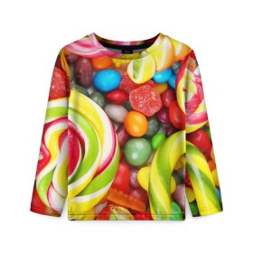 Детский лонгслив 3D с принтом Вкусняшки в Екатеринбурге, 100% полиэстер | длинные рукава, круглый вырез горловины, полуприлегающий силуэт
 | вкуснотища | вкусняшки | глазурь | жевачка | карамель | карамельки | конфетки | конфеты | леденец | мармеладки | сахар | сладости