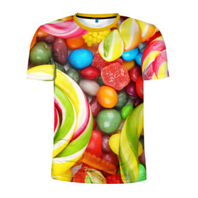 Мужская футболка 3D спортивная с принтом Вкусняшки в Екатеринбурге, 100% полиэстер с улучшенными характеристиками | приталенный силуэт, круглая горловина, широкие плечи, сужается к линии бедра | вкуснотища | вкусняшки | глазурь | жевачка | карамель | карамельки | конфетки | конфеты | леденец | мармеладки | сахар | сладости