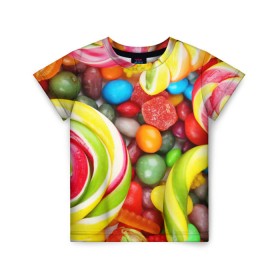 Детская футболка 3D с принтом Вкусняшки в Екатеринбурге, 100% гипоаллергенный полиэфир | прямой крой, круглый вырез горловины, длина до линии бедер, чуть спущенное плечо, ткань немного тянется | Тематика изображения на принте: вкуснотища | вкусняшки | глазурь | жевачка | карамель | карамельки | конфетки | конфеты | леденец | мармеладки | сахар | сладости