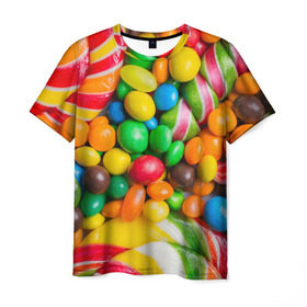 Мужская футболка 3D с принтом Сладкоежка в Екатеринбурге, 100% полиэфир | прямой крой, круглый вырез горловины, длина до линии бедер | вкуснотища | вкусняшки | глазурь | жевачка | карамель | карамельки | конфетки | конфеты | леденец | мармеладки | сахар | сладости