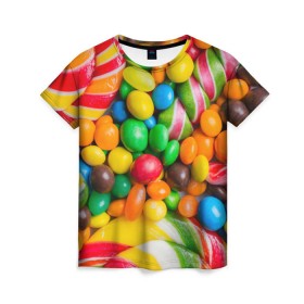 Женская футболка 3D с принтом Сладкоежка в Екатеринбурге, 100% полиэфир ( синтетическое хлопкоподобное полотно) | прямой крой, круглый вырез горловины, длина до линии бедер | вкуснотища | вкусняшки | глазурь | жевачка | карамель | карамельки | конфетки | конфеты | леденец | мармеладки | сахар | сладости