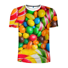 Мужская футболка 3D спортивная с принтом Сладкоежка в Екатеринбурге, 100% полиэстер с улучшенными характеристиками | приталенный силуэт, круглая горловина, широкие плечи, сужается к линии бедра | вкуснотища | вкусняшки | глазурь | жевачка | карамель | карамельки | конфетки | конфеты | леденец | мармеладки | сахар | сладости
