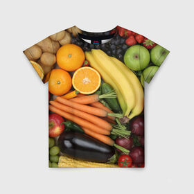 Детская футболка 3D с принтом Овощи и фрукты в Екатеринбурге, 100% гипоаллергенный полиэфир | прямой крой, круглый вырез горловины, длина до линии бедер, чуть спущенное плечо, ткань немного тянется | апельсин | баклажан | банан | картофель | клубника | кукуруза | морковь | овощи | перец | фрукты | яблоки