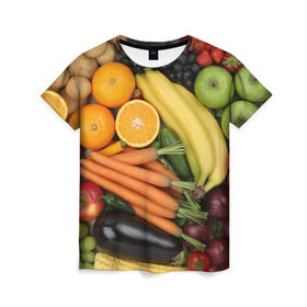 Женская футболка 3D с принтом Овощи и фрукты в Екатеринбурге, 100% полиэфир ( синтетическое хлопкоподобное полотно) | прямой крой, круглый вырез горловины, длина до линии бедер | апельсин | баклажан | банан | картофель | клубника | кукуруза | морковь | овощи | перец | фрукты | яблоки