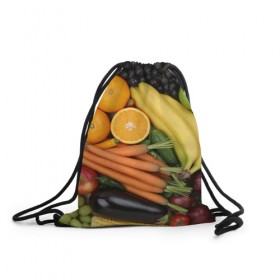 Рюкзак-мешок 3D с принтом Овощи и фрукты в Екатеринбурге, 100% полиэстер | плотность ткани — 200 г/м2, размер — 35 х 45 см; лямки — толстые шнурки, застежка на шнуровке, без карманов и подкладки | апельсин | баклажан | банан | картофель | клубника | кукуруза | морковь | овощи | перец | фрукты | яблоки