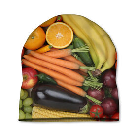 Шапка 3D с принтом Овощи и фрукты в Екатеринбурге, 100% полиэстер | универсальный размер, печать по всей поверхности изделия | апельсин | баклажан | банан | картофель | клубника | кукуруза | морковь | овощи | перец | фрукты | яблоки