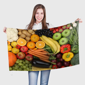 Флаг 3D с принтом Овощи и фрукты в Екатеринбурге, 100% полиэстер | плотность ткани — 95 г/м2, размер — 67 х 109 см. Принт наносится с одной стороны | Тематика изображения на принте: апельсин | баклажан | банан | картофель | клубника | кукуруза | морковь | овощи | перец | фрукты | яблоки