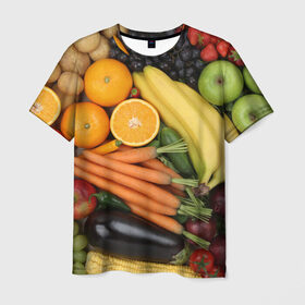 Мужская футболка 3D с принтом Овощи и фрукты в Екатеринбурге, 100% полиэфир | прямой крой, круглый вырез горловины, длина до линии бедер | апельсин | баклажан | банан | картофель | клубника | кукуруза | морковь | овощи | перец | фрукты | яблоки