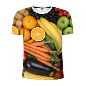 Мужская футболка 3D спортивная с принтом Овощи и фрукты в Екатеринбурге, 100% полиэстер с улучшенными характеристиками | приталенный силуэт, круглая горловина, широкие плечи, сужается к линии бедра | Тематика изображения на принте: апельсин | баклажан | банан | картофель | клубника | кукуруза | морковь | овощи | перец | фрукты | яблоки