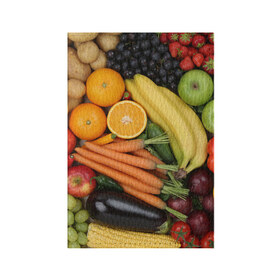 Обложка для паспорта матовая кожа с принтом Овощи и фрукты в Екатеринбурге, натуральная матовая кожа | размер 19,3 х 13,7 см; прозрачные пластиковые крепления | Тематика изображения на принте: апельсин | баклажан | банан | картофель | клубника | кукуруза | морковь | овощи | перец | фрукты | яблоки