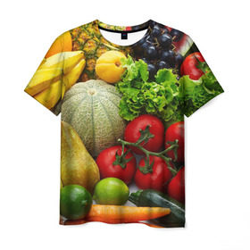 Мужская футболка 3D с принтом Богатый урожай в Екатеринбурге, 100% полиэфир | прямой крой, круглый вырез горловины, длина до линии бедер | апельсин | баклажан | банан | богатый урожай | виноград | горох | еда | кабачок | капуста | картофель | лимон | морковь | овощи | огурец | перец | персик | помидор | слива | сочные плоды | томат | тыква