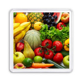 Магнит 55*55 с принтом Богатый урожай в Екатеринбурге, Пластик | Размер: 65*65 мм; Размер печати: 55*55 мм | Тематика изображения на принте: апельсин | баклажан | банан | богатый урожай | виноград | горох | еда | кабачок | капуста | картофель | лимон | морковь | овощи | огурец | перец | персик | помидор | слива | сочные плоды | томат | тыква