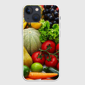 Чехол для iPhone 13 mini с принтом Богатый урожай в Екатеринбурге,  |  | апельсин | баклажан | банан | богатый урожай | виноград | горох | еда | кабачок | капуста | картофель | лимон | морковь | овощи | огурец | перец | персик | помидор | слива | сочные плоды | томат | тыква