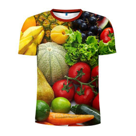 Мужская футболка 3D спортивная с принтом Богатый урожай в Екатеринбурге, 100% полиэстер с улучшенными характеристиками | приталенный силуэт, круглая горловина, широкие плечи, сужается к линии бедра | апельсин | баклажан | банан | богатый урожай | виноград | горох | еда | кабачок | капуста | картофель | лимон | морковь | овощи | огурец | перец | персик | помидор | слива | сочные плоды | томат | тыква