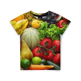Детская футболка 3D с принтом Богатый урожай в Екатеринбурге, 100% гипоаллергенный полиэфир | прямой крой, круглый вырез горловины, длина до линии бедер, чуть спущенное плечо, ткань немного тянется | апельсин | баклажан | банан | богатый урожай | виноград | горох | еда | кабачок | капуста | картофель | лимон | морковь | овощи | огурец | перец | персик | помидор | слива | сочные плоды | томат | тыква