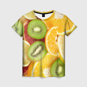 Женская футболка 3D с принтом Сочные фрукты в Екатеринбурге, 100% полиэфир ( синтетическое хлопкоподобное полотно) | прямой крой, круглый вырез горловины, длина до линии бедер | апельсин | грейпфрут | десерт | дольки | киви | кусочки фруктов | лайм | лимон | разрез | сечение | фреш | фрукты | цитрусовые