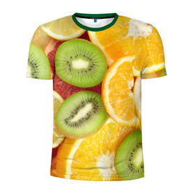 Мужская футболка 3D спортивная с принтом Сочные фрукты в Екатеринбурге, 100% полиэстер с улучшенными характеристиками | приталенный силуэт, круглая горловина, широкие плечи, сужается к линии бедра | апельсин | грейпфрут | десерт | дольки | киви | кусочки фруктов | лайм | лимон | разрез | сечение | фреш | фрукты | цитрусовые