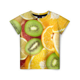 Детская футболка 3D с принтом Сочные фрукты в Екатеринбурге, 100% гипоаллергенный полиэфир | прямой крой, круглый вырез горловины, длина до линии бедер, чуть спущенное плечо, ткань немного тянется | Тематика изображения на принте: апельсин | грейпфрут | десерт | дольки | киви | кусочки фруктов | лайм | лимон | разрез | сечение | фреш | фрукты | цитрусовые