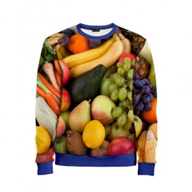 Детский свитшот 3D с принтом Спелые фрукты в Екатеринбурге, 100% полиэстер | свободная посадка, прямой крой, мягкая тканевая резинка на рукавах и понизу свитшота | Тематика изображения на принте: ананас | арбуз | банан | богатый урожай | виноград | горох | груша | еда | капуста | картофель | лук | морковь | овощи | огурец | перец | персик | слива | сочные плоды | томат | фасоль | фрукты | яблоко