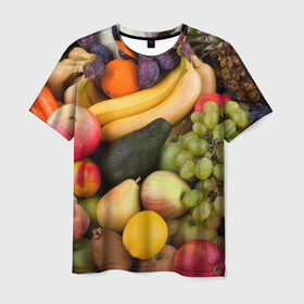 Мужская футболка 3D с принтом Спелые фрукты в Екатеринбурге, 100% полиэфир | прямой крой, круглый вырез горловины, длина до линии бедер | Тематика изображения на принте: ананас | арбуз | банан | богатый урожай | виноград | горох | груша | еда | капуста | картофель | лук | морковь | овощи | огурец | перец | персик | слива | сочные плоды | томат | фасоль | фрукты | яблоко