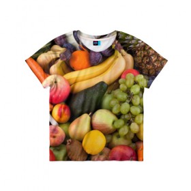 Детская футболка 3D с принтом Спелые фрукты в Екатеринбурге, 100% гипоаллергенный полиэфир | прямой крой, круглый вырез горловины, длина до линии бедер, чуть спущенное плечо, ткань немного тянется | ананас | арбуз | банан | богатый урожай | виноград | горох | груша | еда | капуста | картофель | лук | морковь | овощи | огурец | перец | персик | слива | сочные плоды | томат | фасоль | фрукты | яблоко