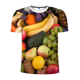 Мужская футболка 3D спортивная с принтом Спелые фрукты в Екатеринбурге, 100% полиэстер с улучшенными характеристиками | приталенный силуэт, круглая горловина, широкие плечи, сужается к линии бедра | ананас | арбуз | банан | богатый урожай | виноград | горох | груша | еда | капуста | картофель | лук | морковь | овощи | огурец | перец | персик | слива | сочные плоды | томат | фасоль | фрукты | яблоко