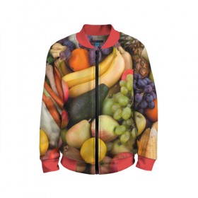 Детский бомбер 3D с принтом Спелые фрукты в Екатеринбурге, 100% полиэстер | застегивается на молнию, по бокам два кармана без застежек, мягкие манжеты, по низу бомбера и на воротнике — эластичная резинка | ананас | арбуз | банан | богатый урожай | виноград | горох | груша | еда | капуста | картофель | лук | морковь | овощи | огурец | перец | персик | слива | сочные плоды | томат | фасоль | фрукты | яблоко