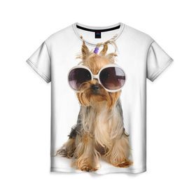 Женская футболка 3D с принтом Модница в Екатеринбурге, 100% полиэфир ( синтетическое хлопкоподобное полотно) | прямой крой, круглый вырез горловины, длина до линии бедер | Тематика изображения на принте: fashion | животное | красавица | лучший друг | модница | няша | очки | причёска | собака | собачка | щенок | щеночек