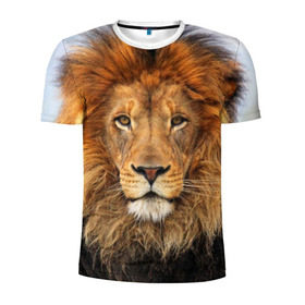 Мужская футболка 3D спортивная с принтом Красавец лев в Екатеринбурге, 100% полиэстер с улучшенными характеристиками | приталенный силуэт, круглая горловина, широкие плечи, сужается к линии бедра | lion | грива | дикая кошка | добыча | животное | зверь | клыки | когти | король джунглей | лев | мясо | хищник | царь зверей