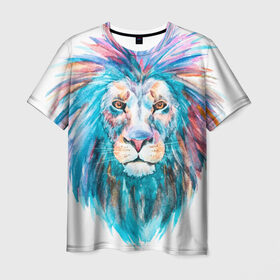 Мужская футболка 3D с принтом Живописный лев в Екатеринбурге, 100% полиэфир | прямой крой, круглый вырез горловины, длина до линии бедер | lion | грива | дикая кошка | добыча | животное | зверь | искусство | картина | клыки | когти | король джунглей | лев | макет | мясо | набросок | портрет | хищник | царь зверей | эскиз