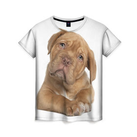 Женская футболка 3D с принтом Грустный щенок в Екатеринбурге, 100% полиэфир ( синтетическое хлопкоподобное полотно) | прямой крой, круглый вырез горловины, длина до линии бедер | животное | лучший друг | милаха | няша | собака | собачка | щенок | щеночек