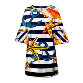 Детское платье 3D с принтом Моряк в Екатеринбурге, 100% полиэстер | прямой силуэт, чуть расширенный к низу. Круглая горловина, на рукавах — воланы | Тематика изображения на принте: звезда | полосы | ракушки | якорь