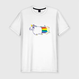 Мужская футболка премиум с принтом Радужный Единорожек в Екатеринбурге, 92% хлопок, 8% лайкра | приталенный силуэт, круглый вырез ворота, длина до линии бедра, короткий рукав | Тематика изображения на принте: единорог | лошадь | радуга
