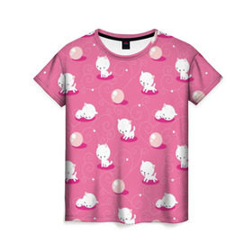 Женская футболка 3D с принтом Котики в Екатеринбурге, 100% полиэфир ( синтетическое хлопкоподобное полотно) | прямой крой, круглый вырез горловины, длина до линии бедер | дети | детское | животные | кот | коты | кошка | милый | паттерн | розовый