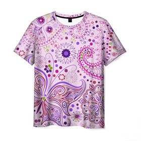 Мужская футболка 3D с принтом Lady Butterfly в Екатеринбурге, 100% полиэфир | прямой крой, круглый вырез горловины, длина до линии бедер | Тематика изображения на принте: винтаж | воздушный | индийские | кружева | новинки | узор | цветок | цветочный | этнические
