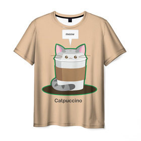 Мужская футболка 3D с принтом Catpuccino в Екатеринбурге, 100% полиэфир | прямой крой, круглый вырез горловины, длина до линии бедер | Тематика изображения на принте: capuccino | cat | catpuccino | meow | капуччино | кот | котпуччино | кофе | мяу | стакан