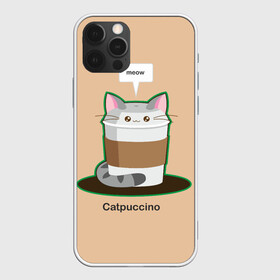 Чехол для iPhone 12 Pro с принтом Catpuccino в Екатеринбурге, силикон | область печати: задняя сторона чехла, без боковых панелей | Тематика изображения на принте: capuccino | cat | catpuccino | meow | капуччино | кот | котпуччино | кофе | мяу | стакан