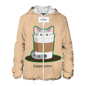 Мужская куртка 3D с принтом Catpuccino в Екатеринбурге, ткань верха — 100% полиэстер, подклад — флис | прямой крой, подол и капюшон оформлены резинкой с фиксаторами, два кармана без застежек по бокам, один большой потайной карман на груди. Карман на груди застегивается на липучку | capuccino | cat | catpuccino | meow | капуччино | кот | котпуччино | кофе | мяу | стакан