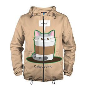 Мужская ветровка 3D с принтом Catpuccino в Екатеринбурге, 100% полиэстер | подол и капюшон оформлены резинкой с фиксаторами, два кармана без застежек по бокам, один потайной карман на груди | Тематика изображения на принте: capuccino | cat | catpuccino | meow | капуччино | кот | котпуччино | кофе | мяу | стакан