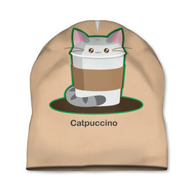 Шапка 3D с принтом Catpuccino в Екатеринбурге, 100% полиэстер | универсальный размер, печать по всей поверхности изделия | Тематика изображения на принте: capuccino | cat | catpuccino | meow | капуччино | кот | котпуччино | кофе | мяу | стакан