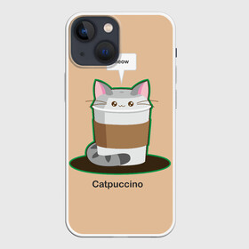 Чехол для iPhone 13 mini с принтом Catpuccino в Екатеринбурге,  |  | Тематика изображения на принте: capuccino | cat | catpuccino | meow | капуччино | кот | котпуччино | кофе | мяу | стакан