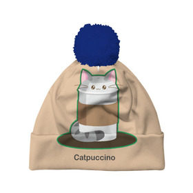 Шапка 3D c помпоном с принтом Catpuccino в Екатеринбурге, 100% полиэстер | универсальный размер, печать по всей поверхности изделия | capuccino | cat | catpuccino | meow | капуччино | кот | котпуччино | кофе | мяу | стакан